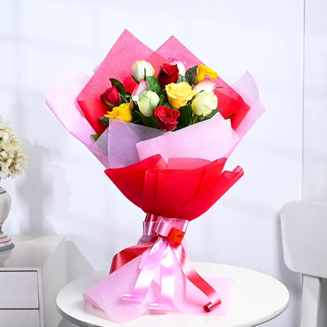 Mix Flowers Roses Garden Wrapped In Pink