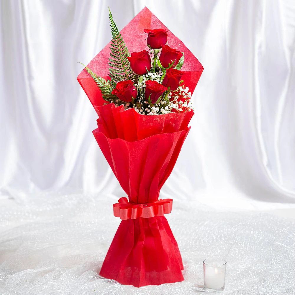 Crimson Love 6 Roses Flowers Bouquet 