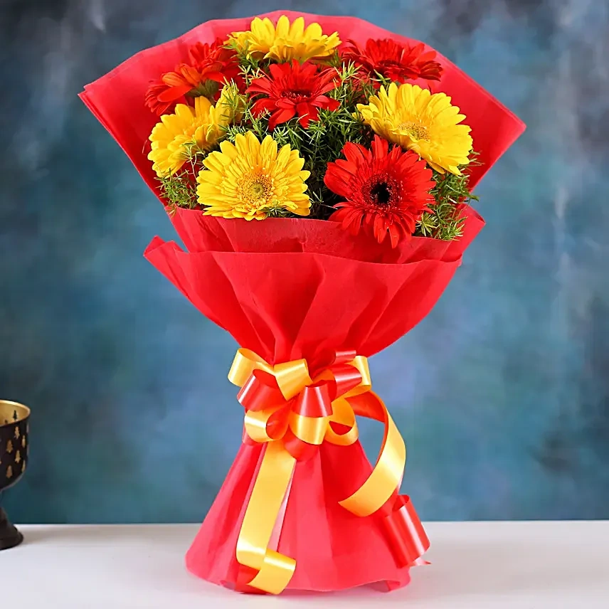 Glorious Red & Yellow Gerbera Blossoms Flowers  Bouquet 