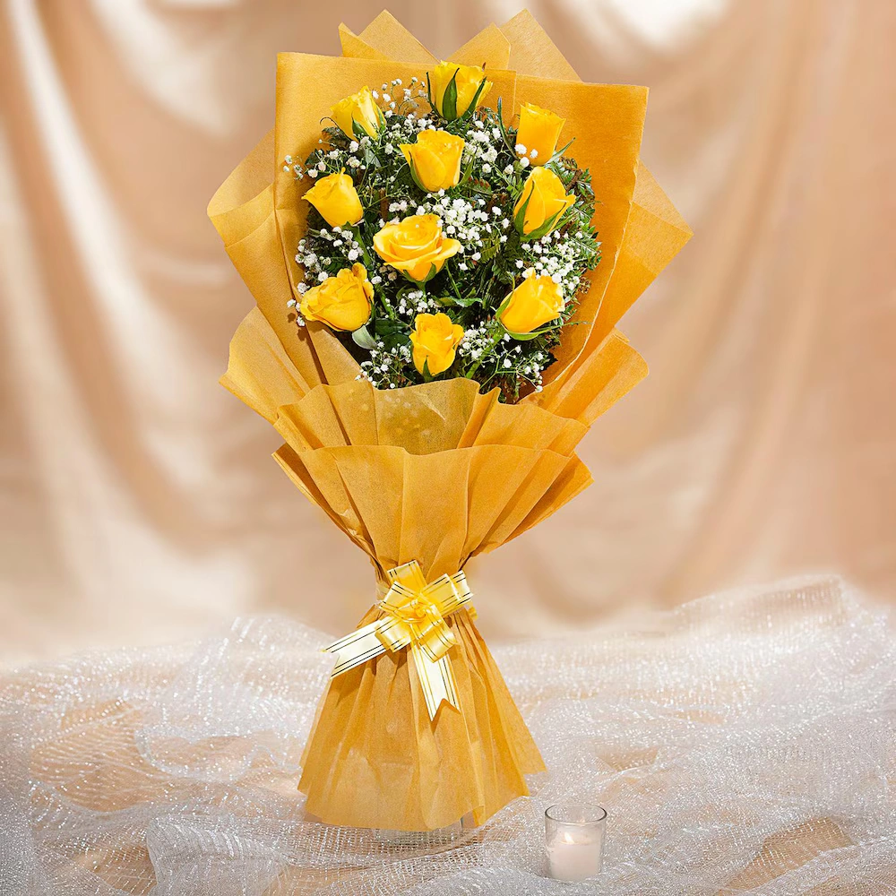 Splendid 10 Yellow Roses Flowers Bouquet