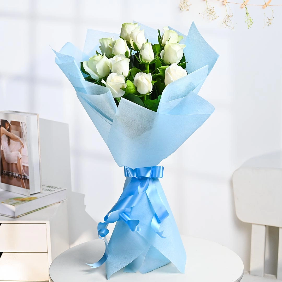 Blossom White Flowers Roses In Blue Wrapper 