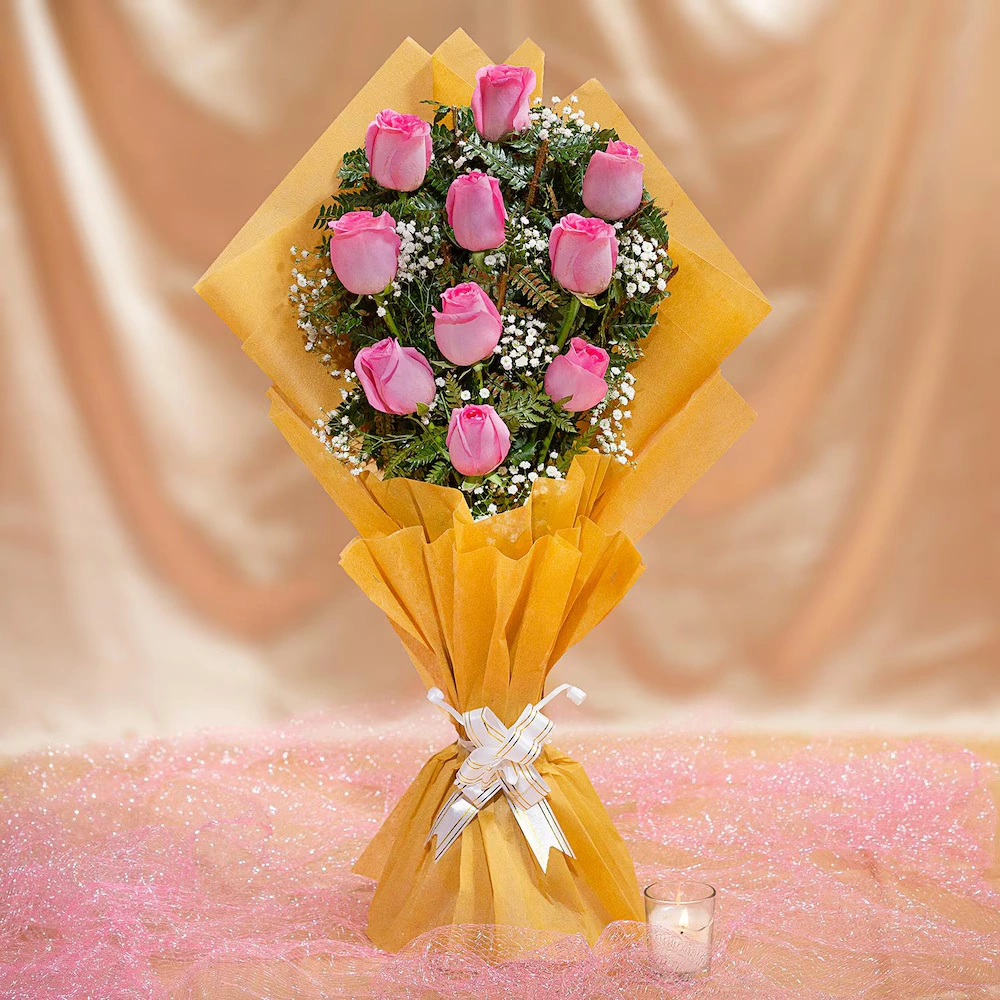 Amber Embraced 10 Pink Roses Flowers Bouquet