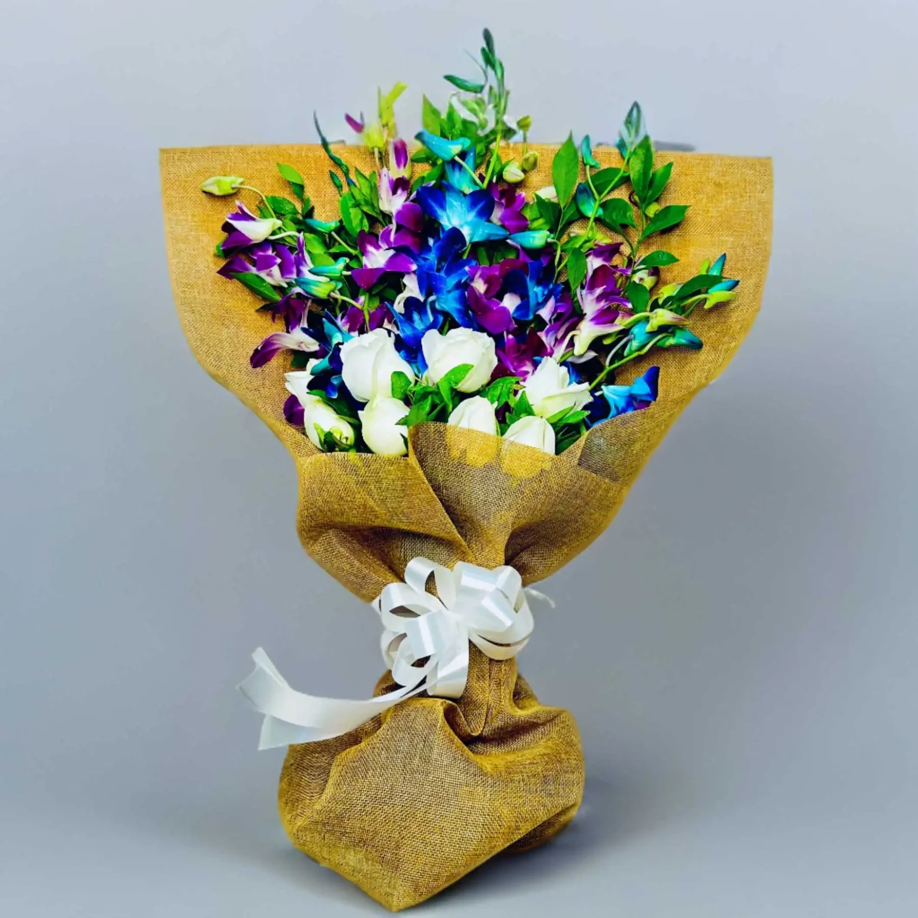 Orchids & Rose Flowers Bouquet With Jute Wrapped