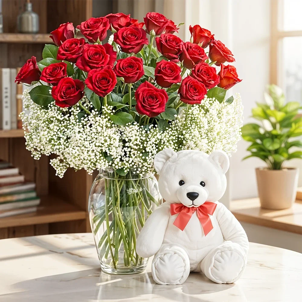RedRosesinaVaseTeddy1763374553203