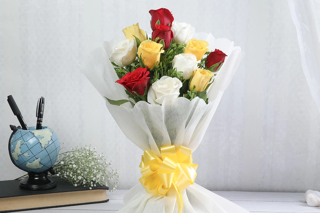 Red White and Yellow Flowers  rose bouquet 