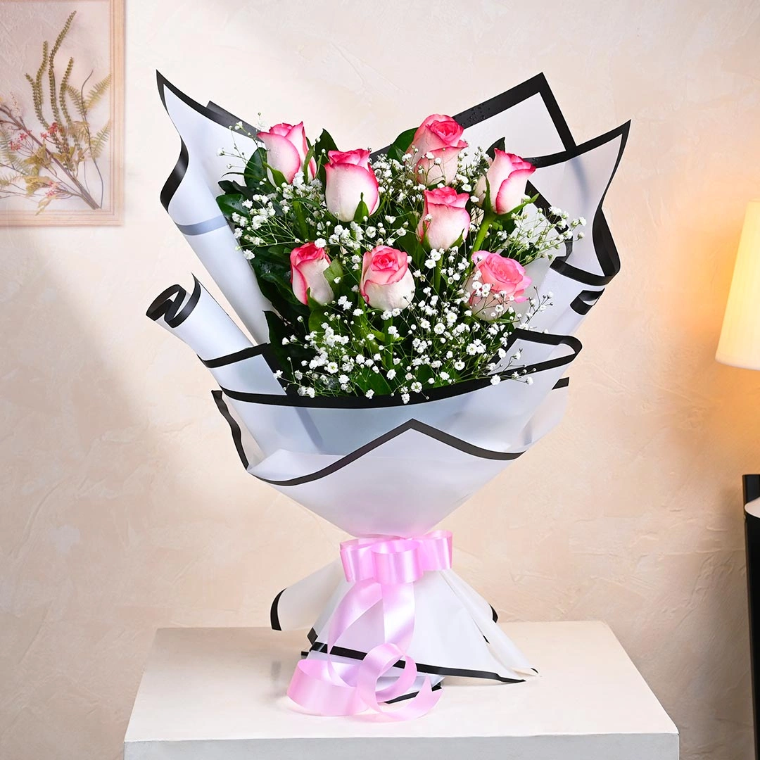 Glow And Blush Pink Flowers Roses With Baby Breath