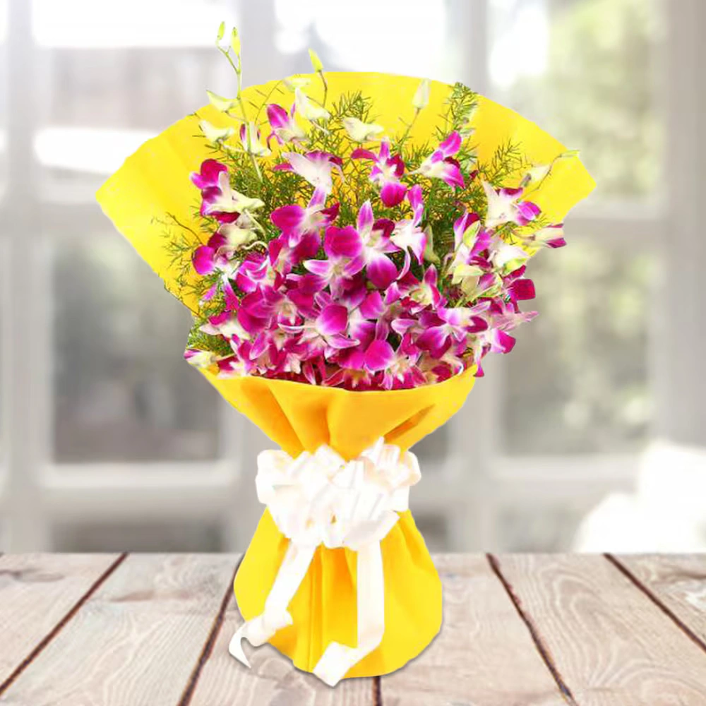 Orchids Beauty In Yellow Bright Wrapping Flowers Bouquet 