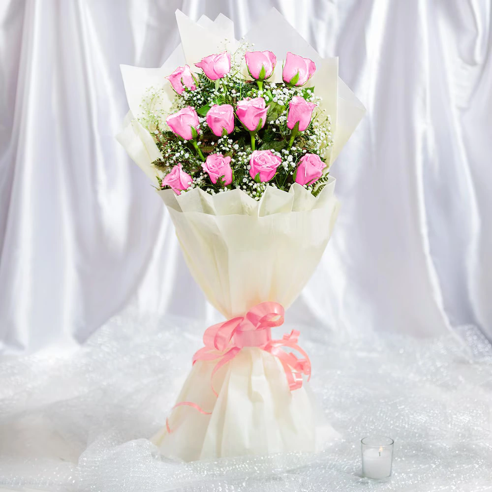 12 Pink Roses Flowers Bouquet