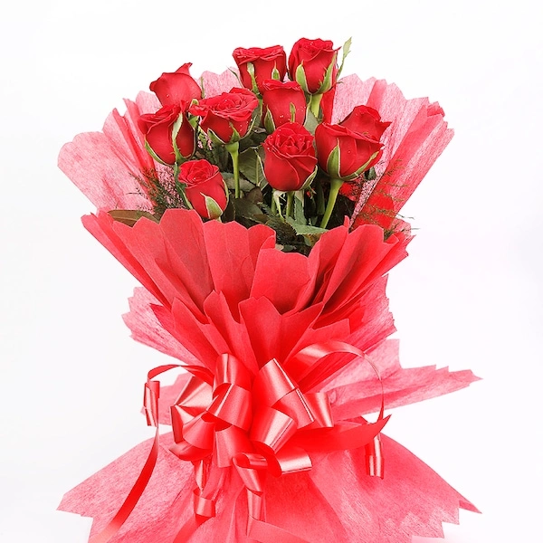 10 Red Roses in Red Paper Packing Flowers Bouquet