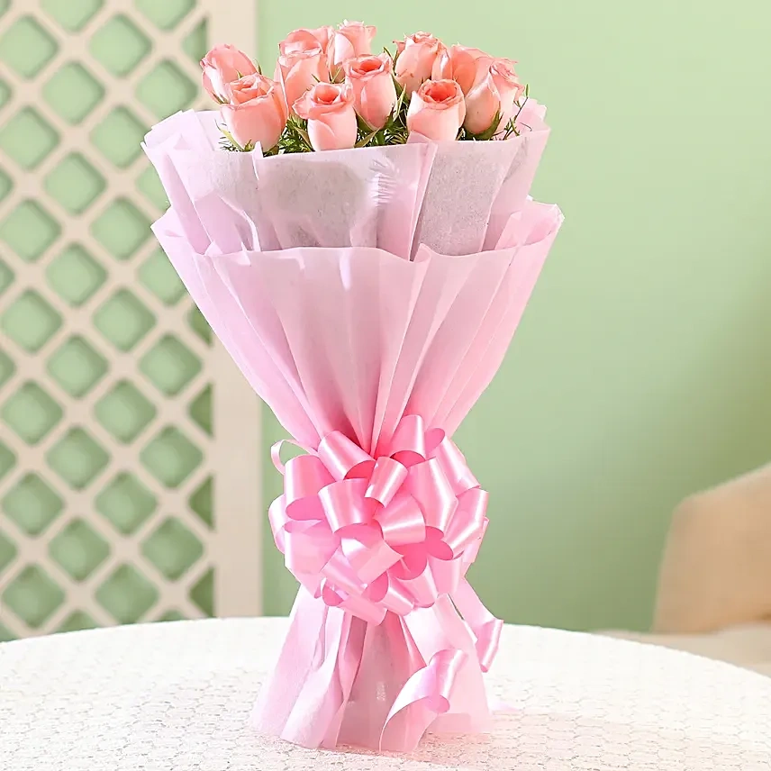 Elegance 12 Pink Roses Flowers  Bouquet