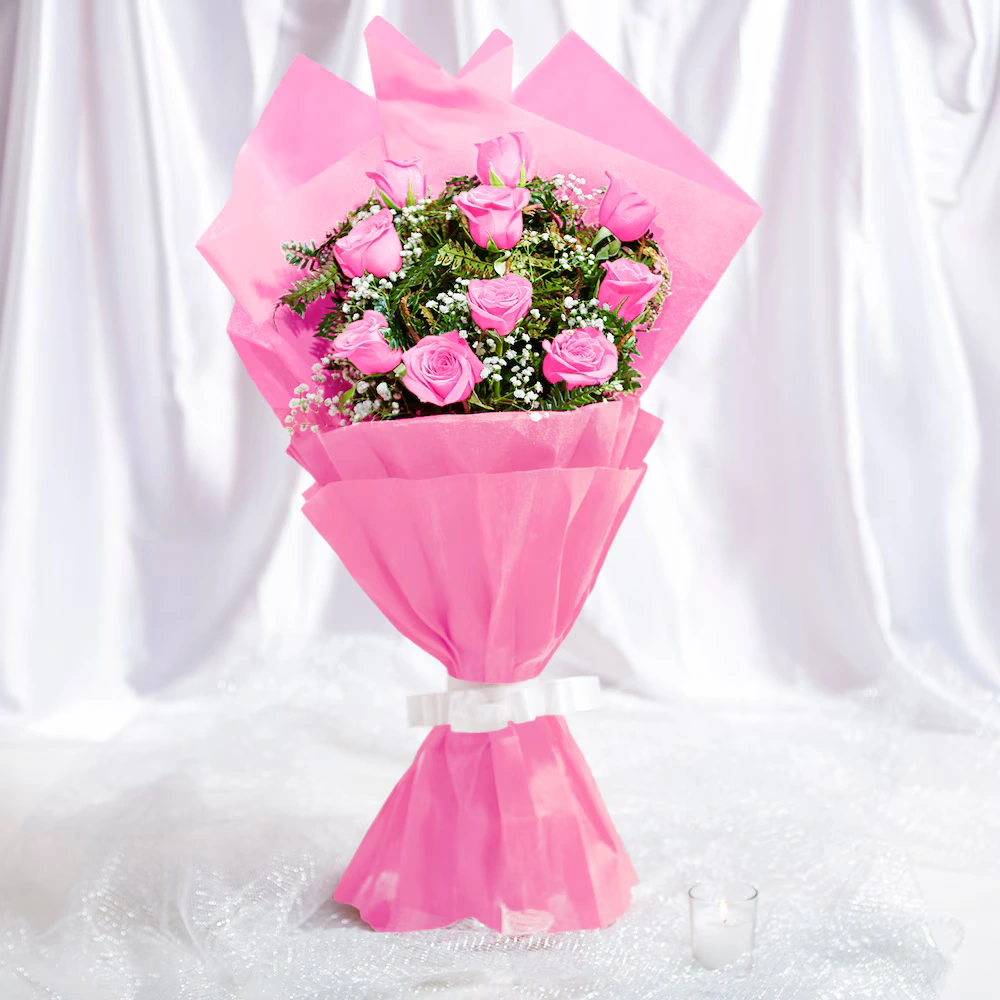 10 Pink Roses Flowers Bouquet