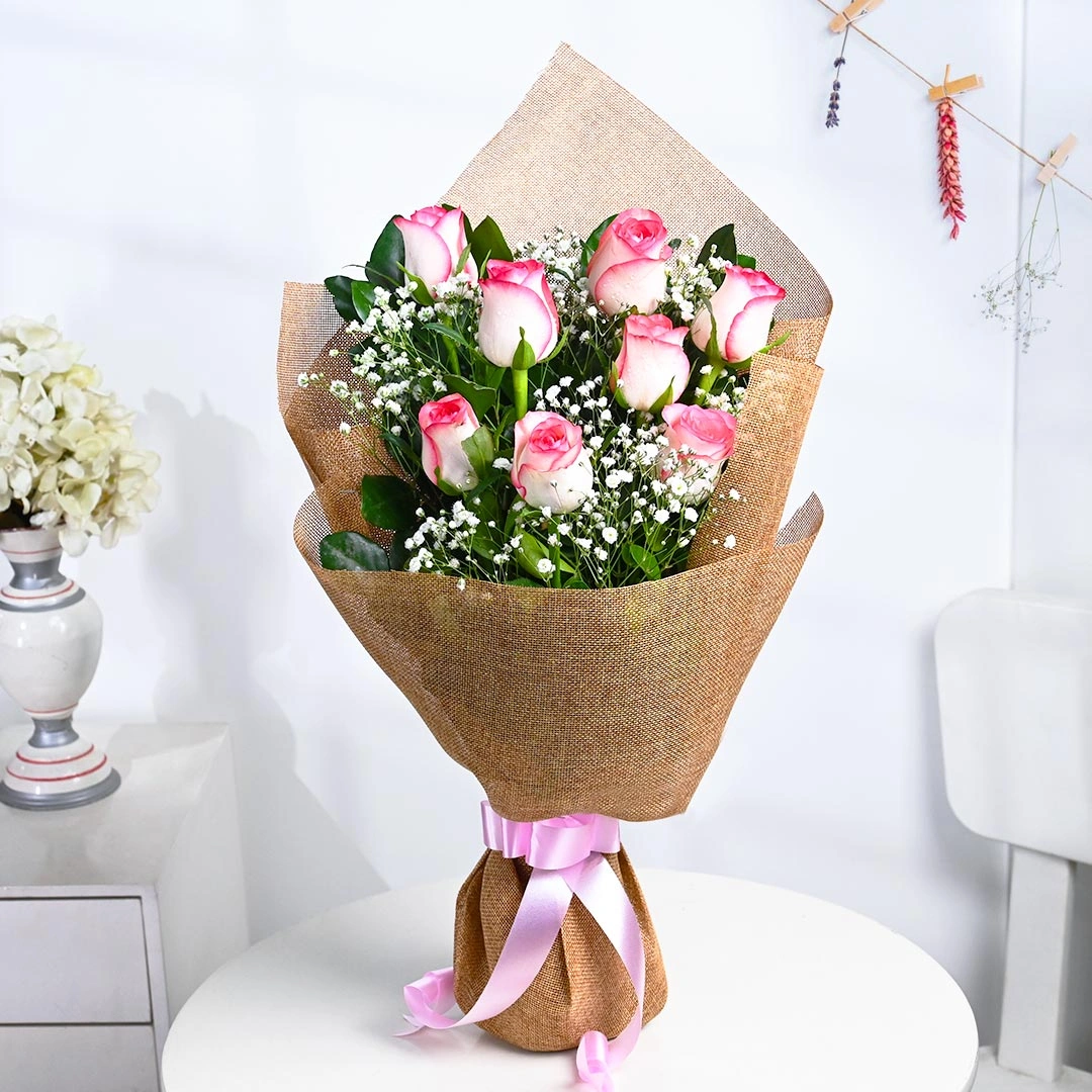 Charming Pink Flowers Roses With Baby's Breath Bouquets