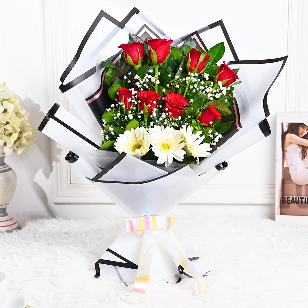 Princess Red Rose Flowers Bouquet N White Gerberas