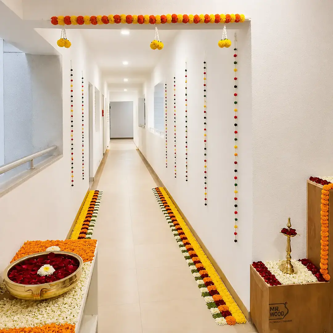 Office Puja Flower Decoration Setup