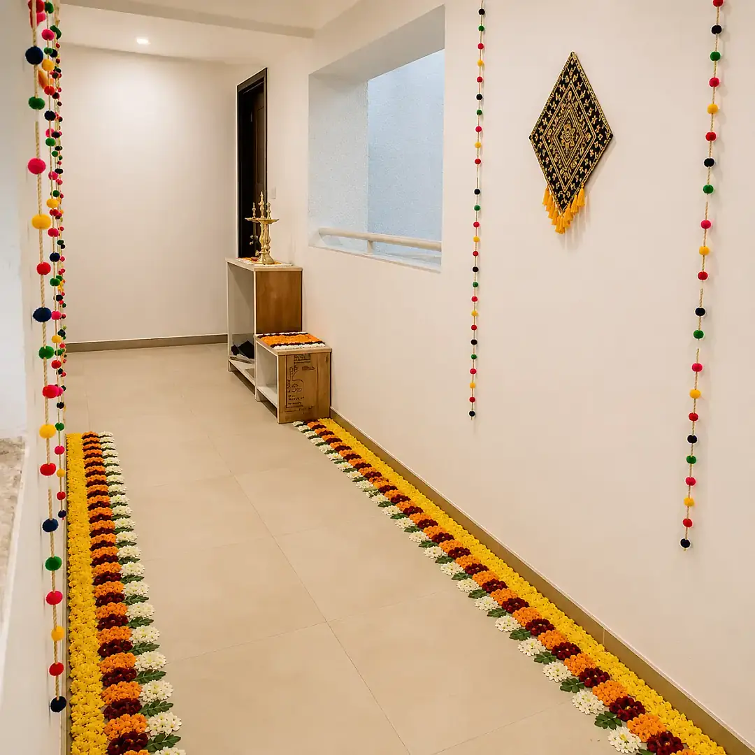 Office Puja Flower Decoration Setup