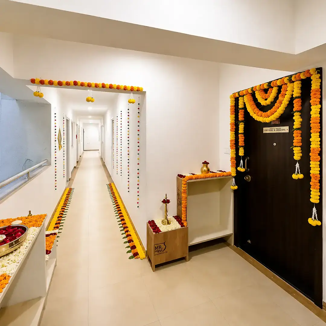 Office Puja Flower Decoration Setup