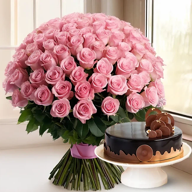 Perfection Pink Flowers  Roses with chocolate cake