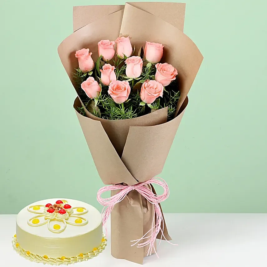 10 Pink Flowers Roses & Butterscotch Cake