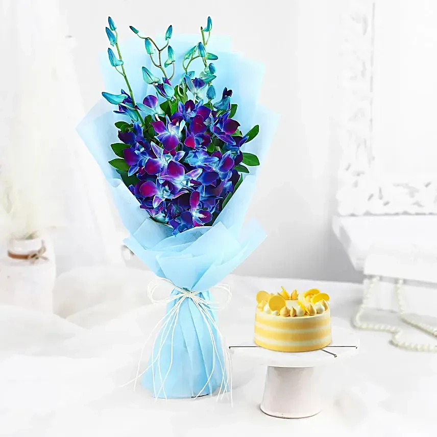 Butterscotch Bento Cake N Misty Azure Orchids Flowers 