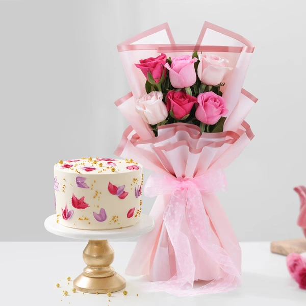 Floral Bliss Cake With Elegant Roses Flowers Bouquet