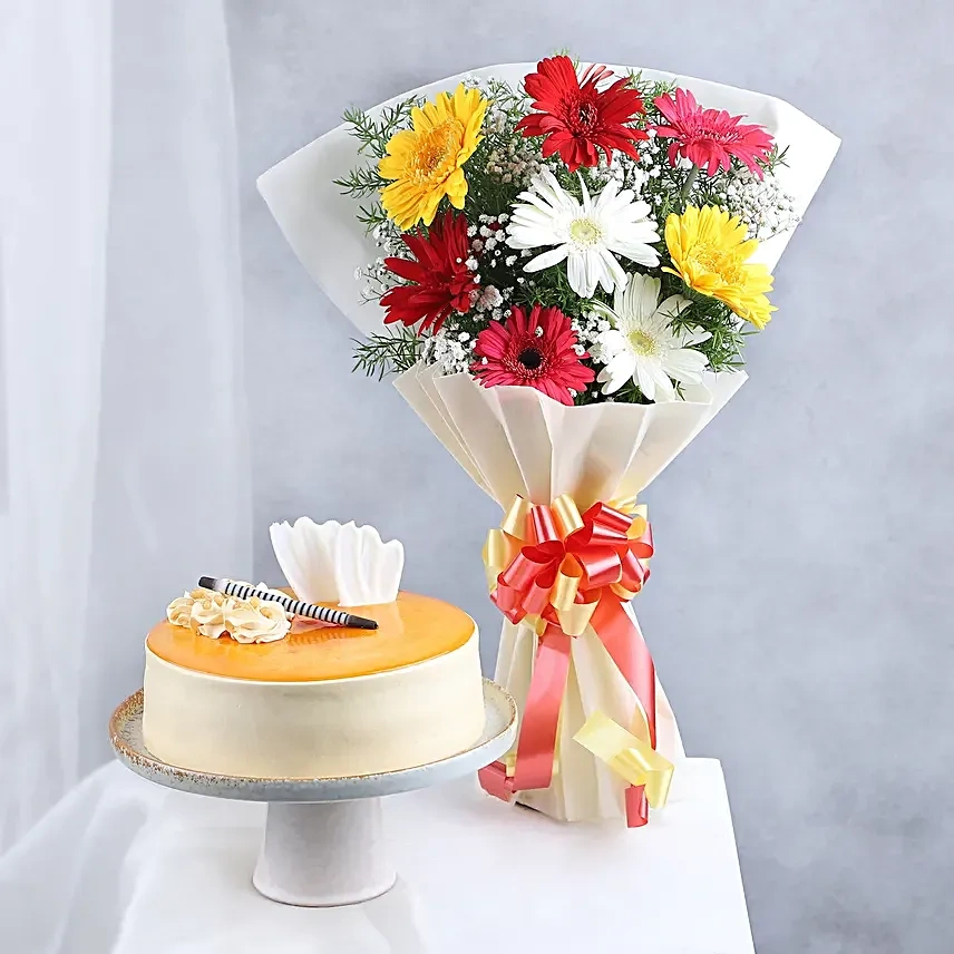 Colourful Gerberas Flowers  & Butterscotch Cake Combo