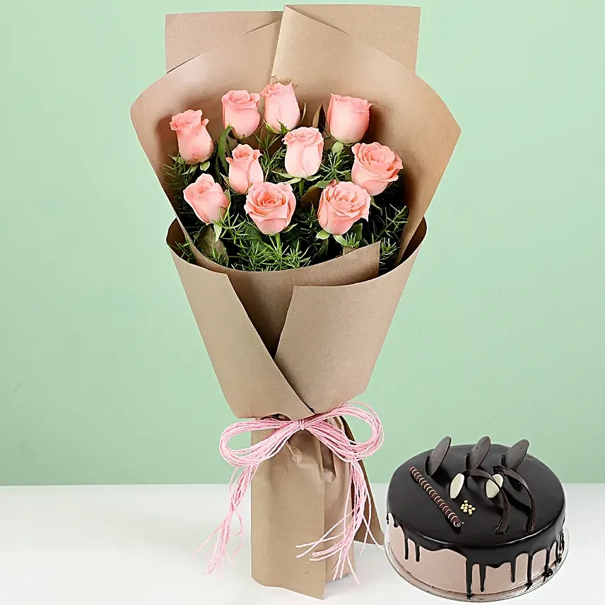 10 Pink Flowers Roses & Chocolate Cream Cake