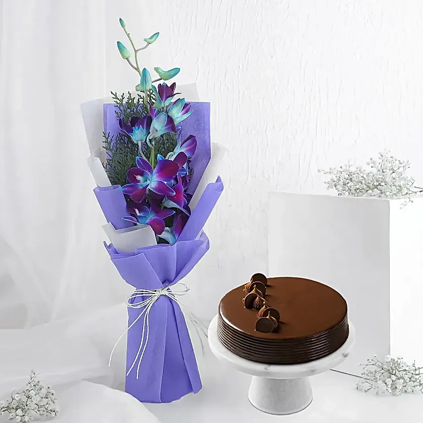 Enchanting Orchid Flowers Bouquet & Truffle Cake