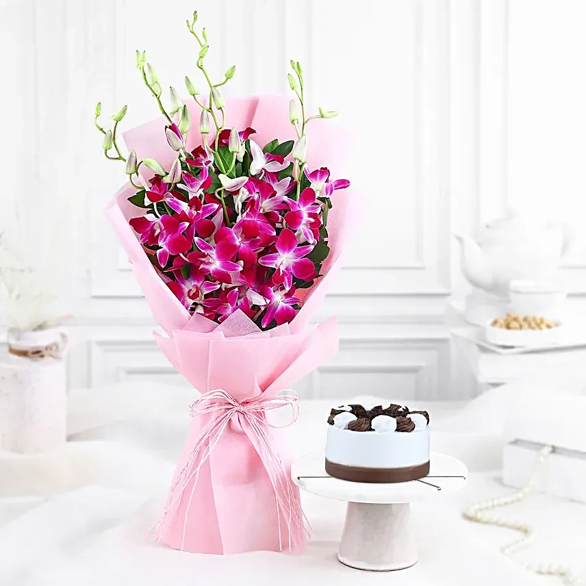 Dreamy Violet Whispers Orchids Flowers  Bouquet & Black Forest Combo