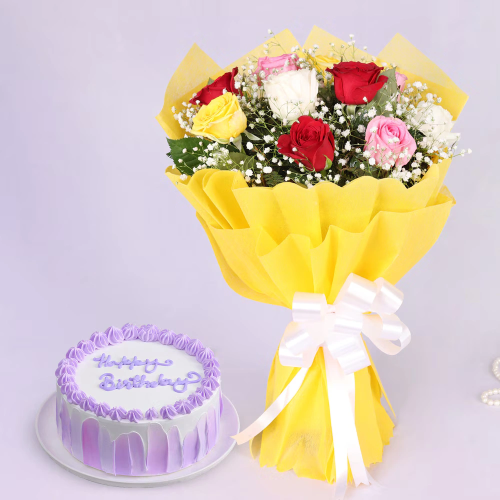 Mixed Rose Flowers Bouquet With Vanilla Cake