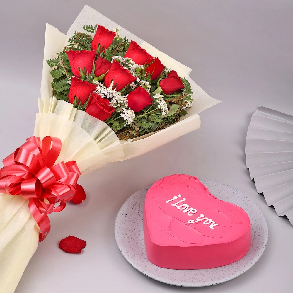 Vibrant Roses with Hearty Vanilla Cake Combo 