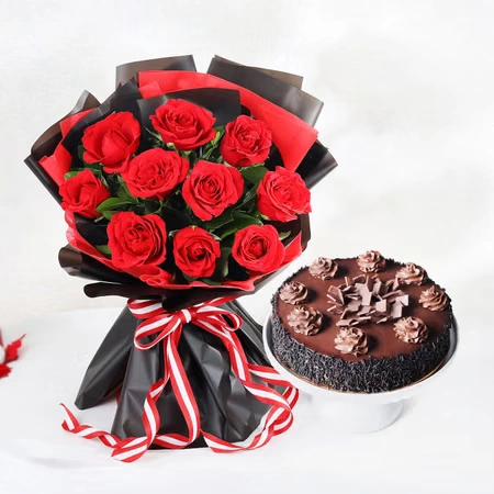 Decadent Chocolate Truffle Cake And Red Roses Flowers  Bouquet Combo 