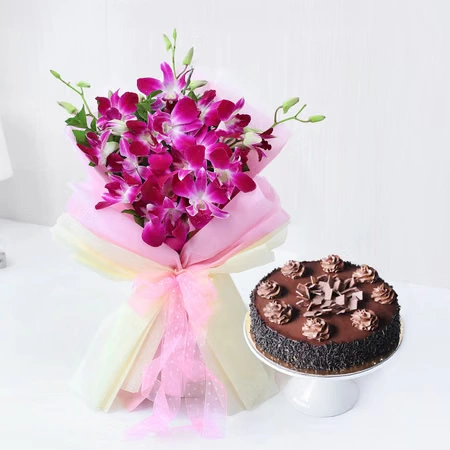 Decadent Chocolate Truffle Cake With Orchids Flowers Bouquet Combo