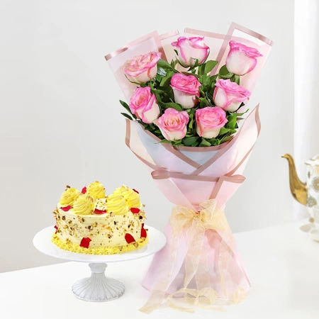 Rasmalai Burst Cake And Rose Flowers  Bouquet Combo 