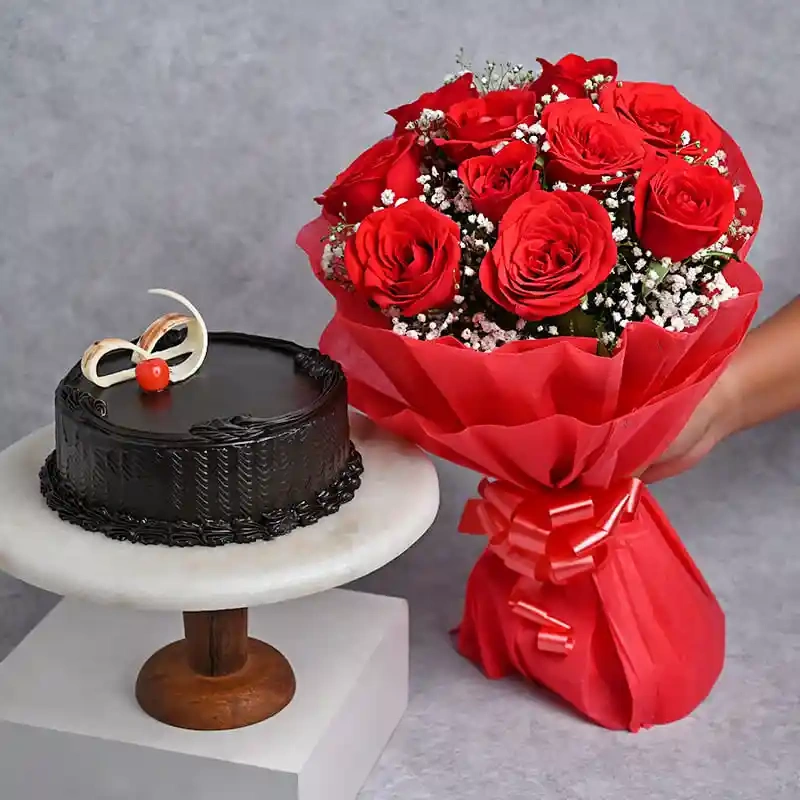 Roses Flowers  with Truffle Cake Combo 