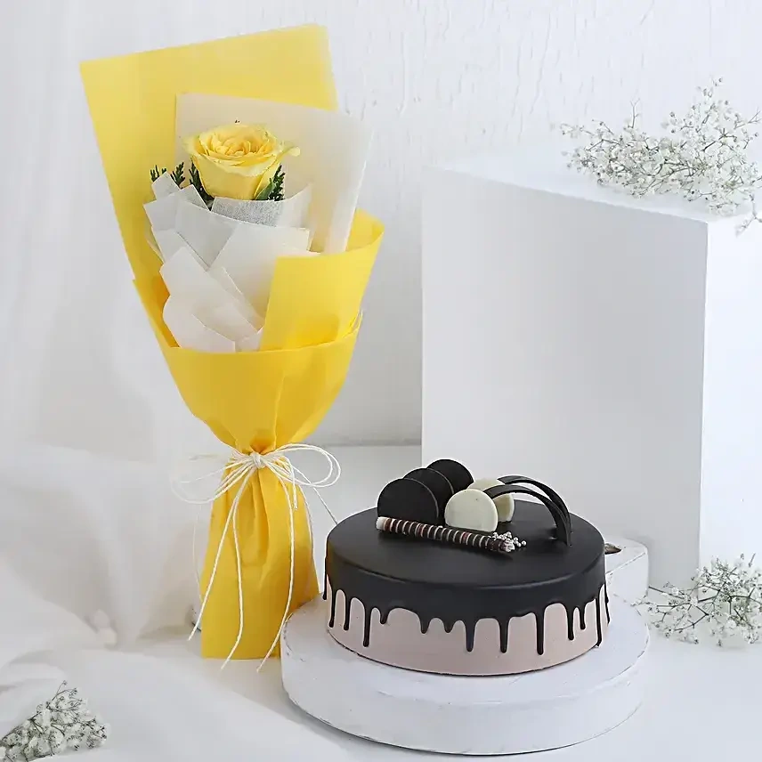 Yellow Flowers  Rose with Cake Combo 