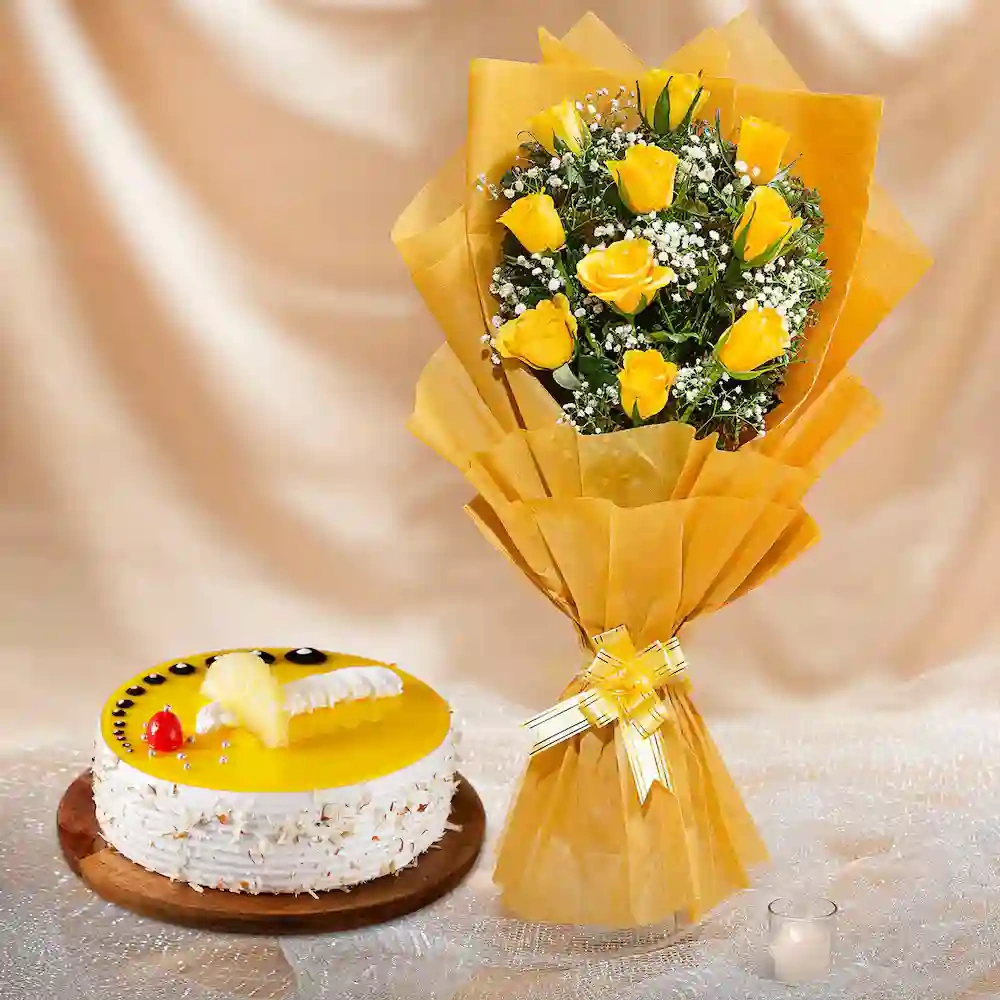 Radiant Rose Flowers Bouquet with Tempting Cake