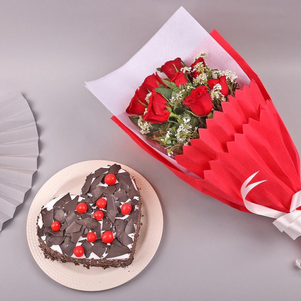 Classic Black Forest Cake with Red Flowers  Roses