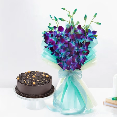 Midnight Truffle Cake And Blue Orchids Flowers  Bouquet Combo 