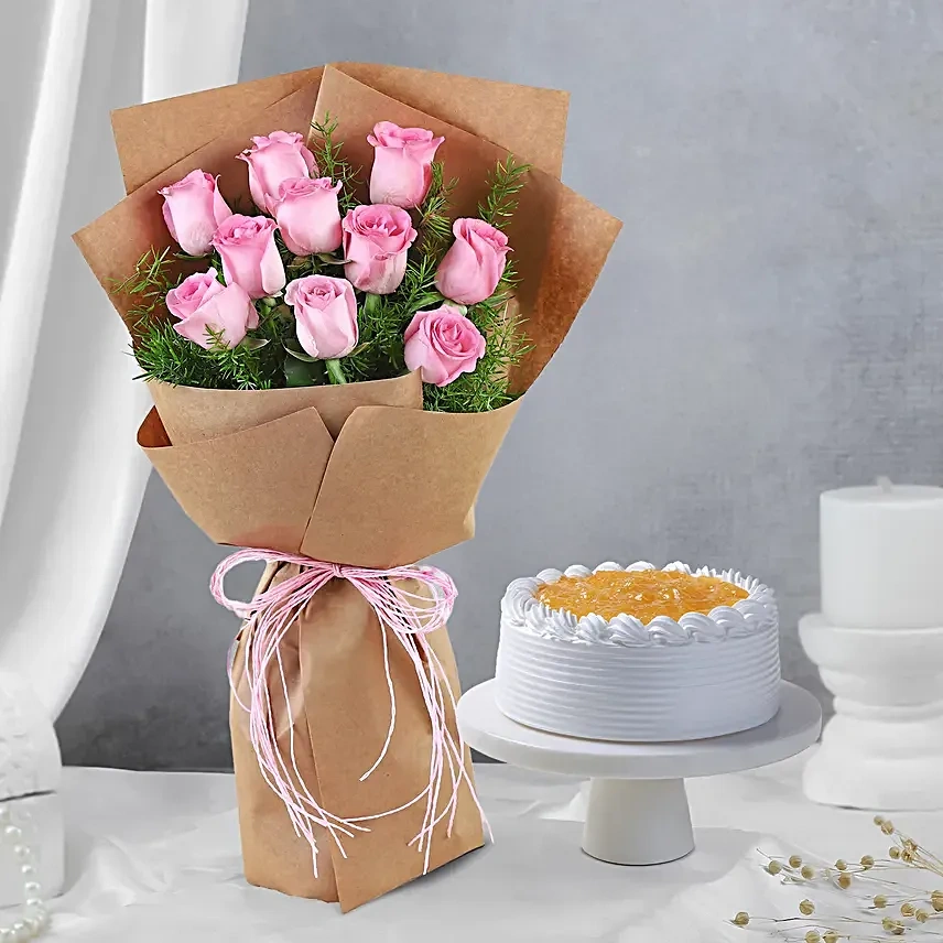 10 Pink Flowers  Roses With Pineapple Cake 