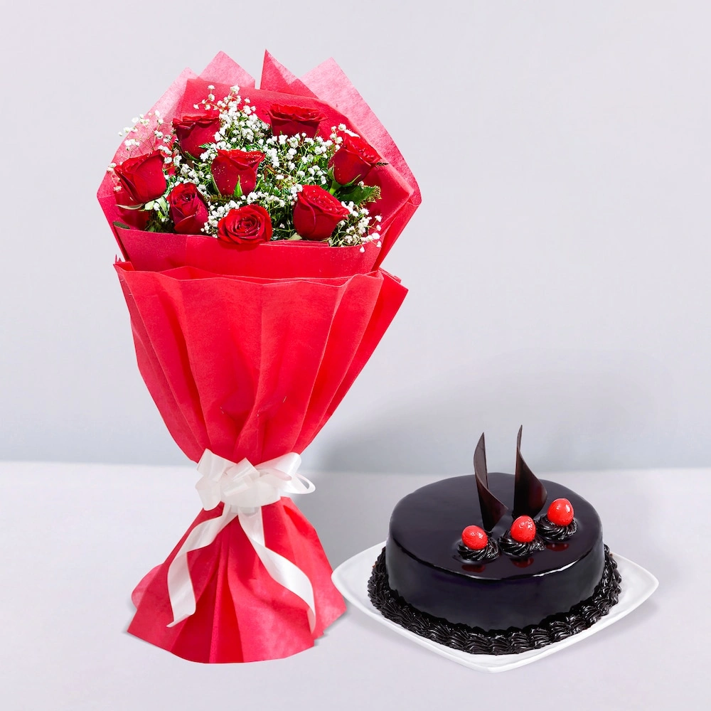 Red Roses and Chocolate Cake Combo
