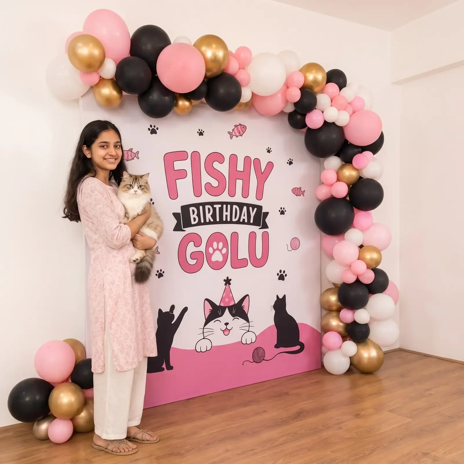 Cat Birthday Celebration Backdrop Decoration Setup