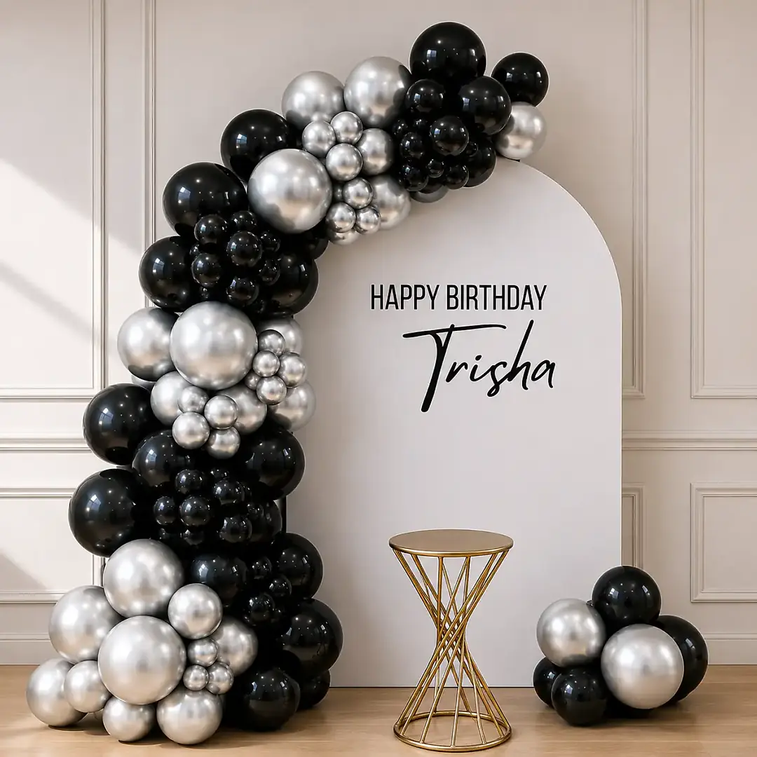 Black and Silver Birthday Balloon Decoration at Home Setup