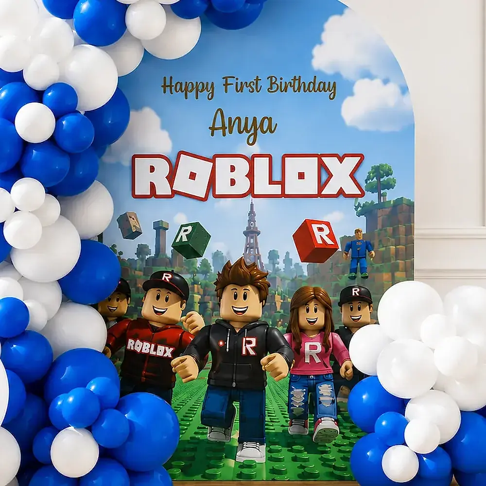 Roblox Theme Birthday Decoration with Blue Balloon Arch Setup