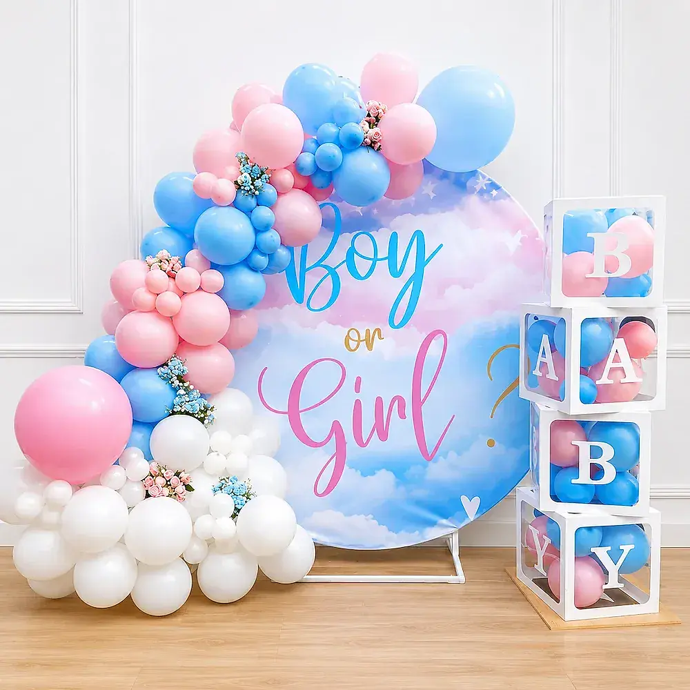 Gender Reveal Backdrop with Pink Blue Balloon Arch Set