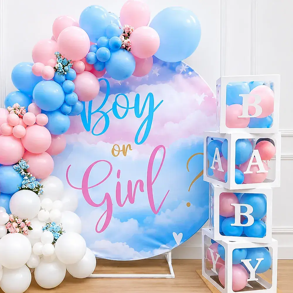 Gender Reveal Backdrop with Pink Blue Balloon Arch Set