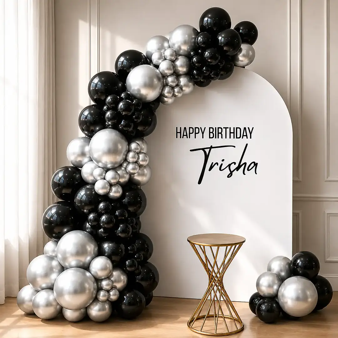 Black and Silver Birthday Balloon Decoration at Home Setup