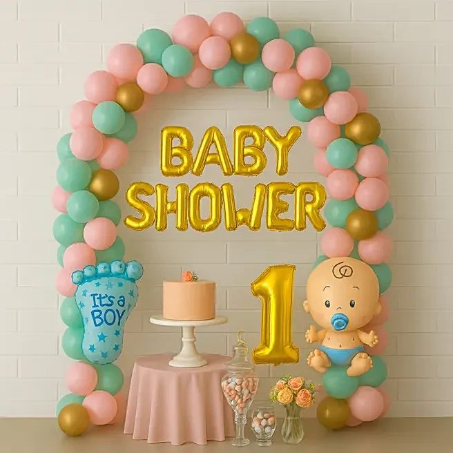 mintnpinkbabyshowerballoonarch1