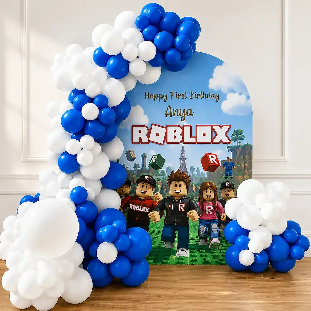 Roblox Theme Birthday Decoration with Blue Balloon Arch Setup