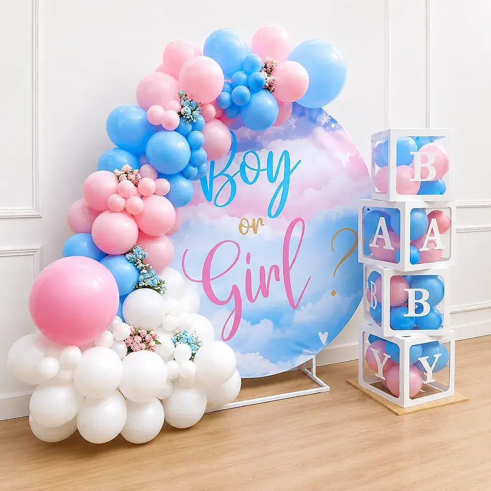 Gender Reveal Backdrop with Pink Blue Balloon Arch Set