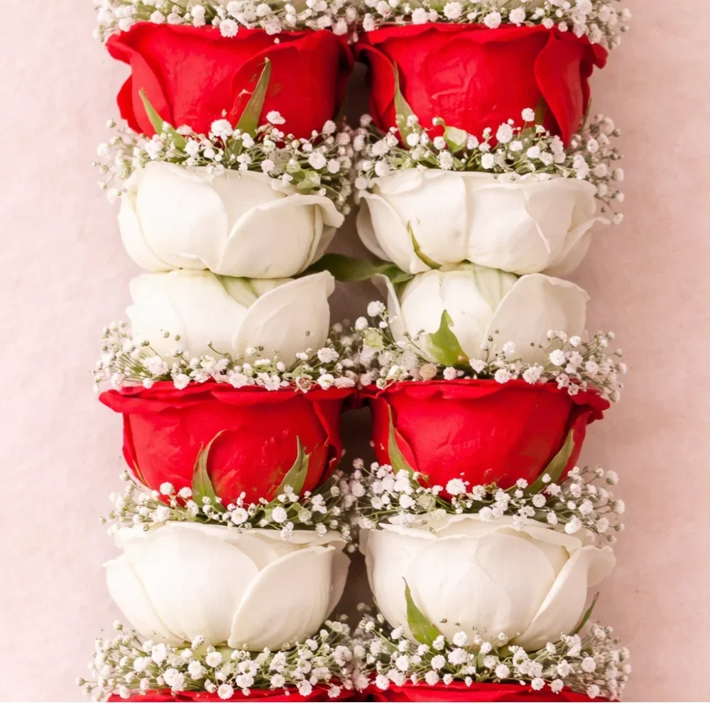 White And Dark Pink Rose Flower Garland With Baby's Breath Varmala